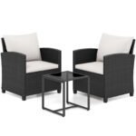 3 dalių ratano sodo baldų komplektas su stiklo staliuku ir minkštomis pagalvėlėmis (Smėlio)