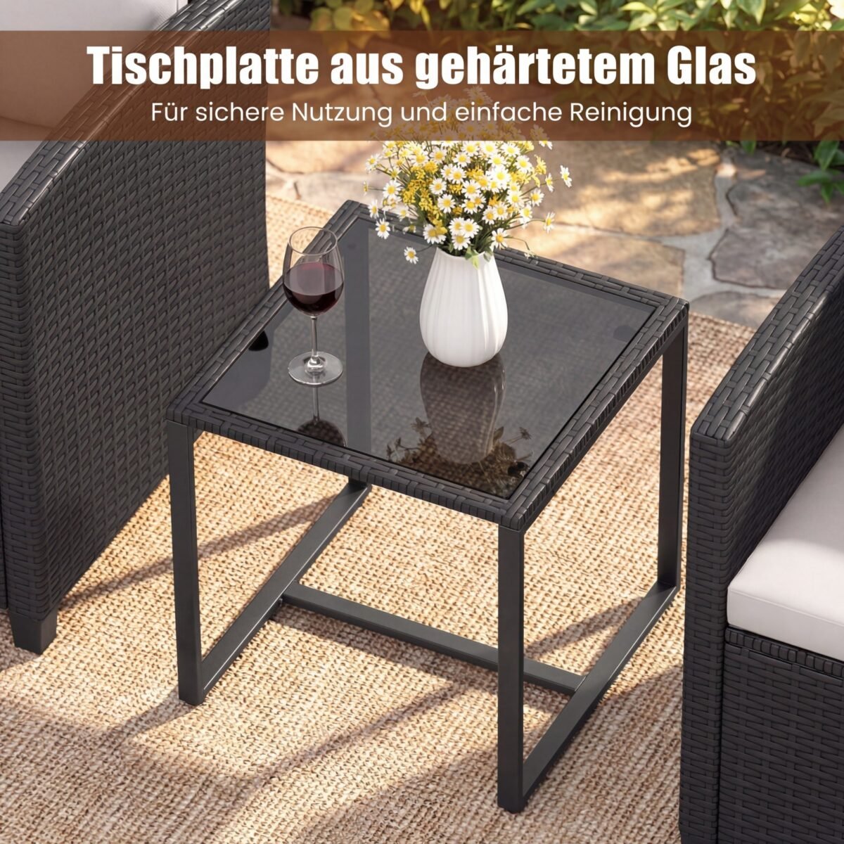 3 dalių ratano sodo baldų komplektas su stiklo staliuku ir minkštomis pagalvėlėmis (Smėlio) – Paveikslėlis 4