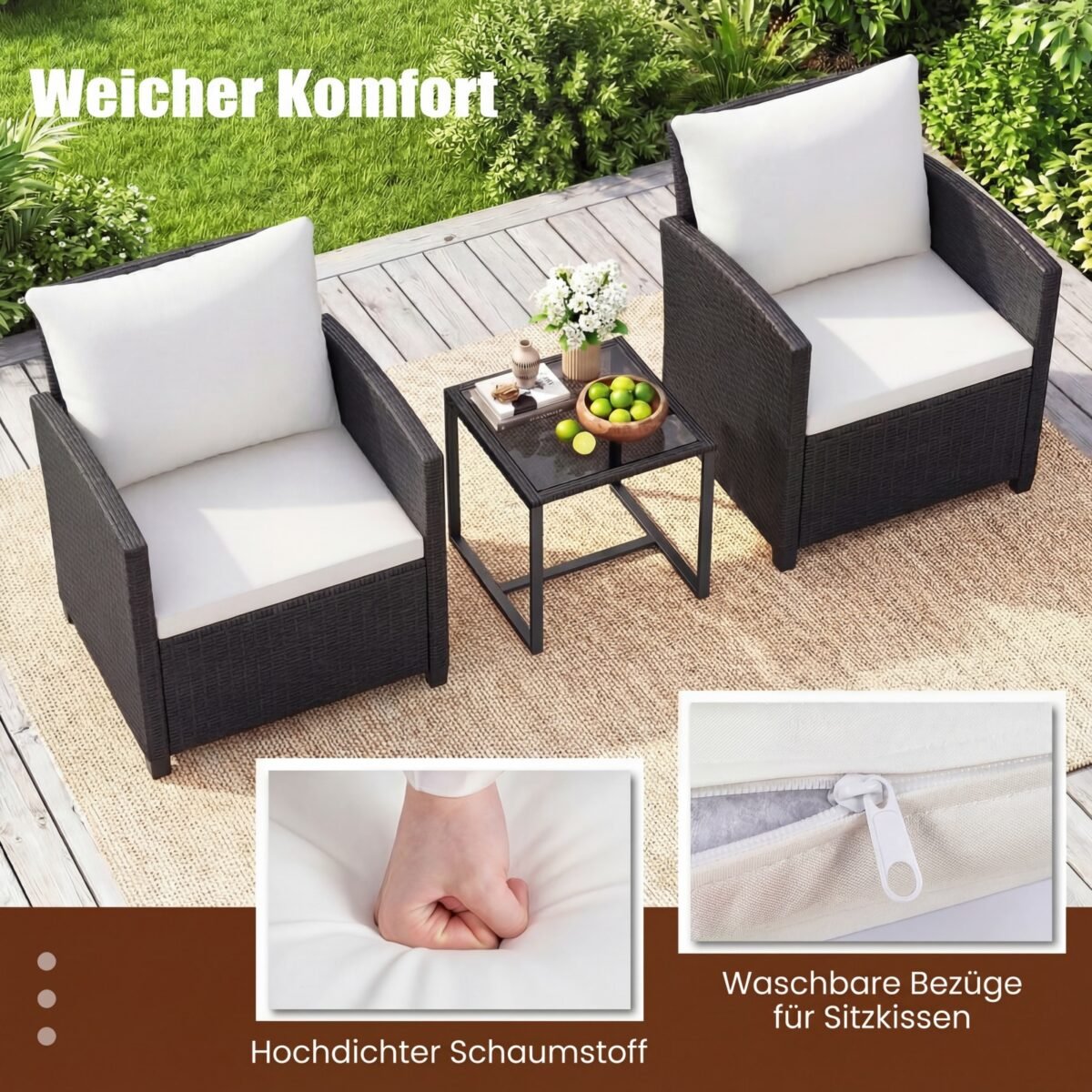 3 dalių ratano sodo baldų komplektas su stiklo staliuku ir minkštomis pagalvėlėmis (Smėlio) – Paveikslėlis 5