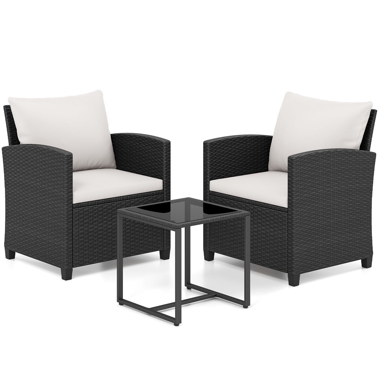 3 dalių ratano sodo baldų komplektas su stiklo staliuku ir minkštomis pagalvėlėmis (Smėlio)