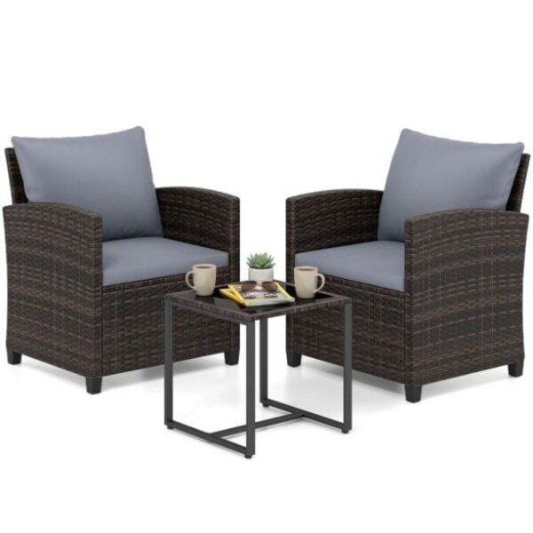 3 dalių sodo baldų komplektas su stiklo staliuku ir dviem krėslais (Pilka)