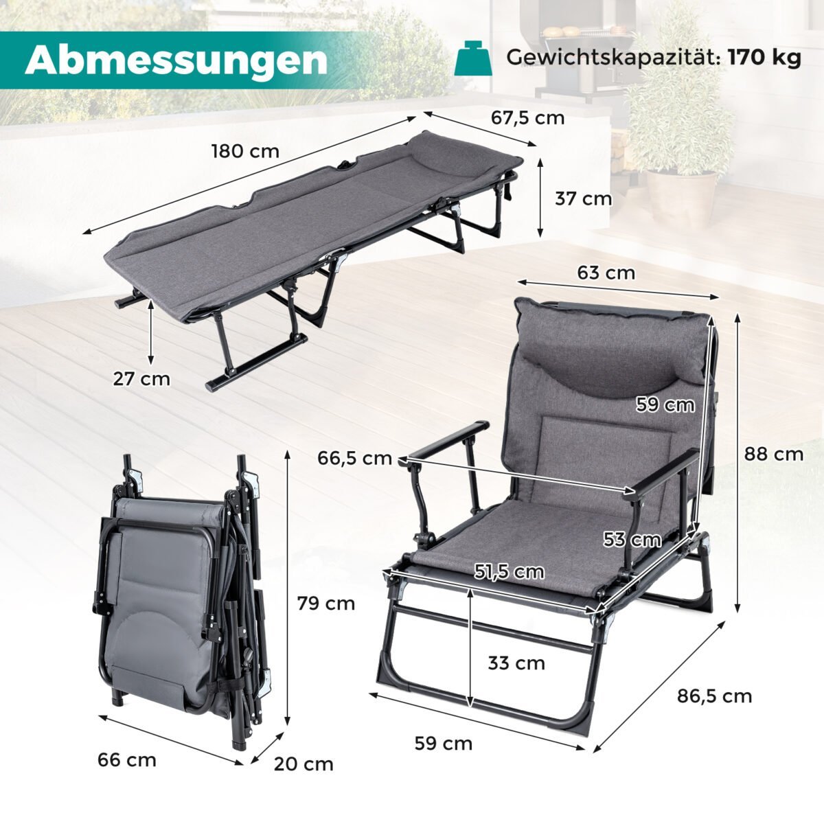 3-in-1 sulankstomas sodo gultas su reguliuojamu atlošu ir galvos atrama (Pilka + Juoda) – Paveikslėlis 2
