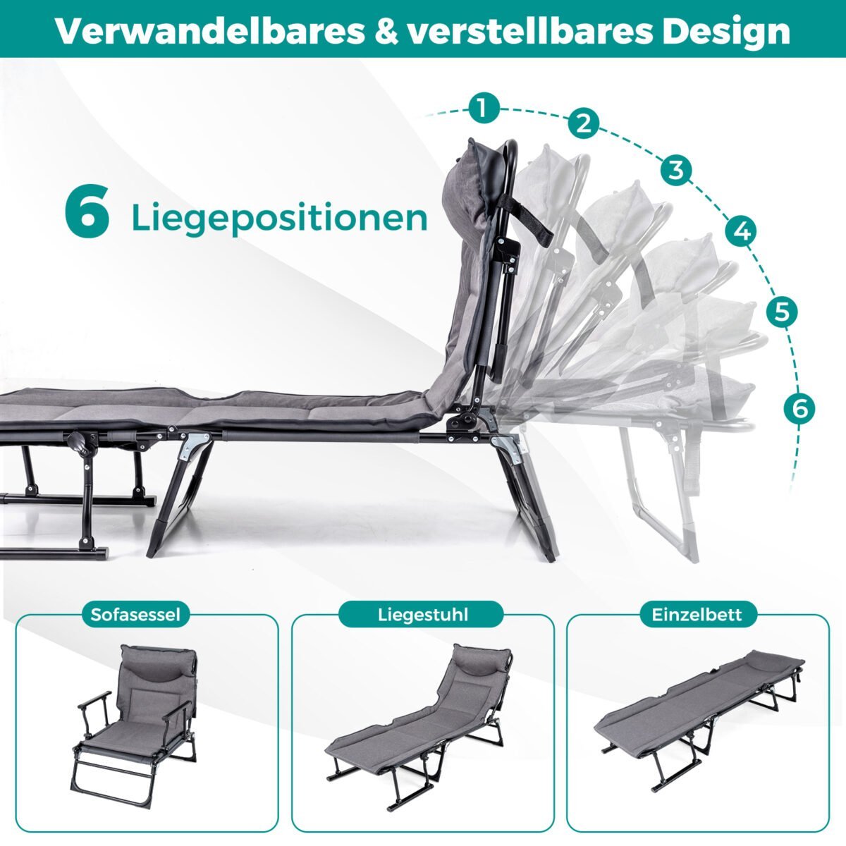 3-in-1 sulankstomas sodo gultas su reguliuojamu atlošu ir galvos atrama (Pilka + Juoda) – Paveikslėlis 3