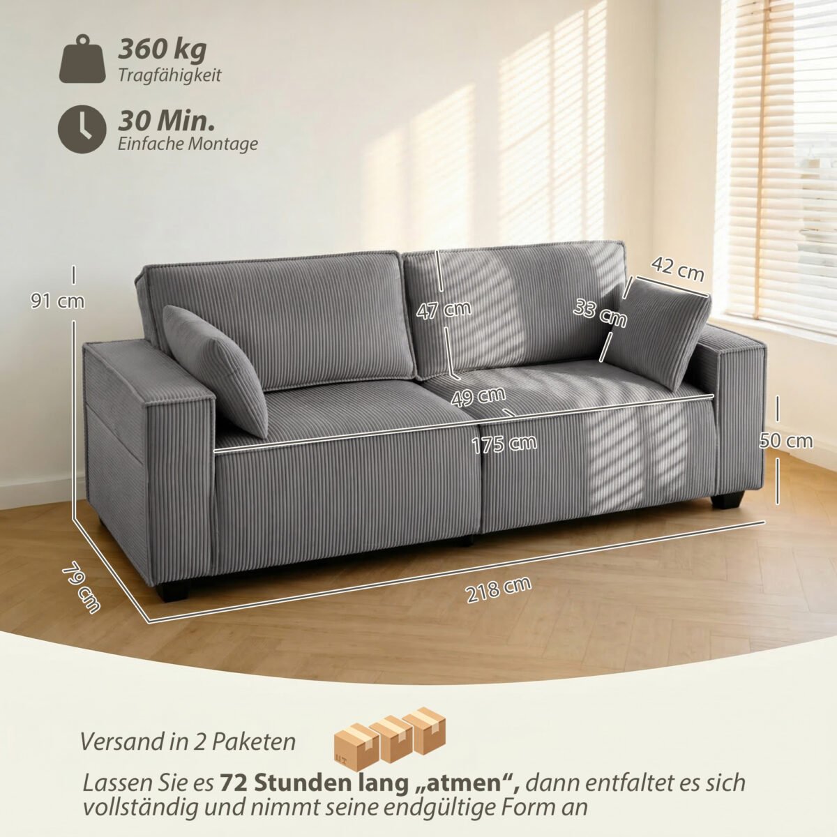 3-vietė kordo sofa su kišeninių spyruoklių užpildu ir plačiais porankiais – Paveikslėlis 3