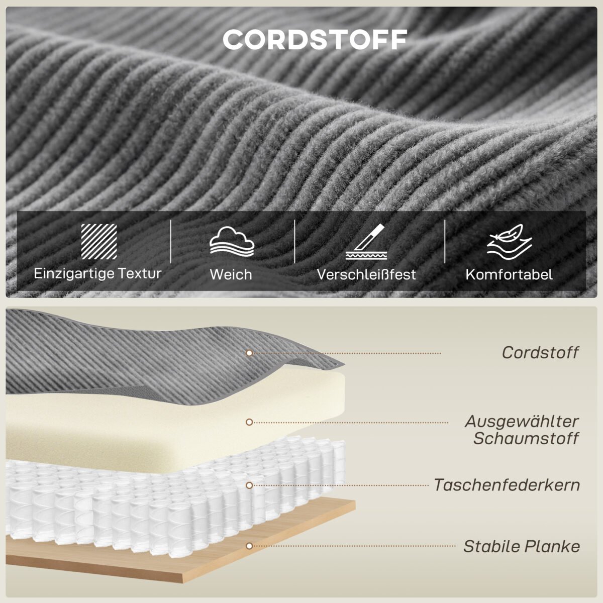 3-vietė kordo sofa su kišeninių spyruoklių užpildu ir plačiais porankiais – Paveikslėlis 4