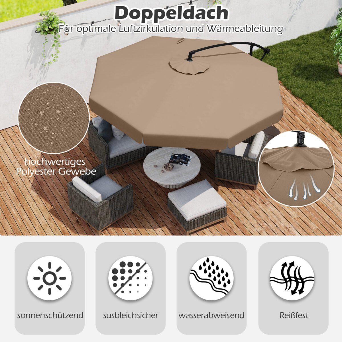 Konsolinis sodo skėtis su rankena ir apsaugine danga 300 cm (Ruda) – Paveikslėlis 2