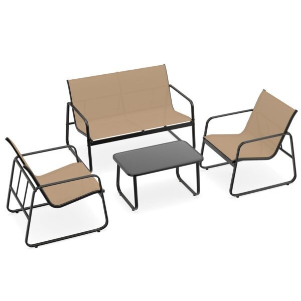 4 dalių lauko baldų rinkinys su grūdinto stiklo staliuku (Ruda)