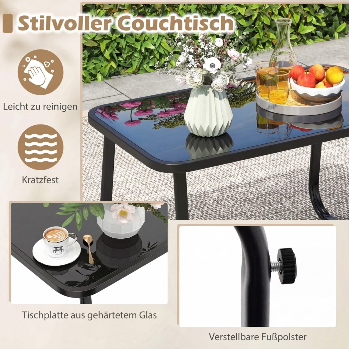 4 dalių lauko baldų rinkinys su grūdinto stiklo staliuku (Ruda) – Paveikslėlis 2