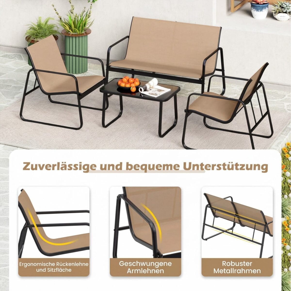 4 dalių lauko baldų rinkinys su grūdinto stiklo staliuku (Ruda) – Paveikslėlis 3