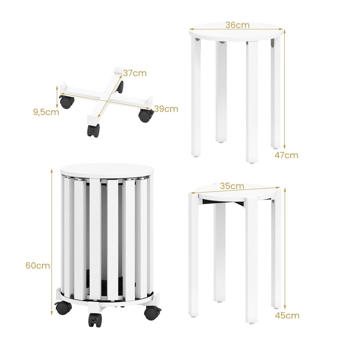 4 dalių sukraunamų medžio masyvo kėdžių komplektas su ratukų baze (Balta) – Paveikslėlis 2