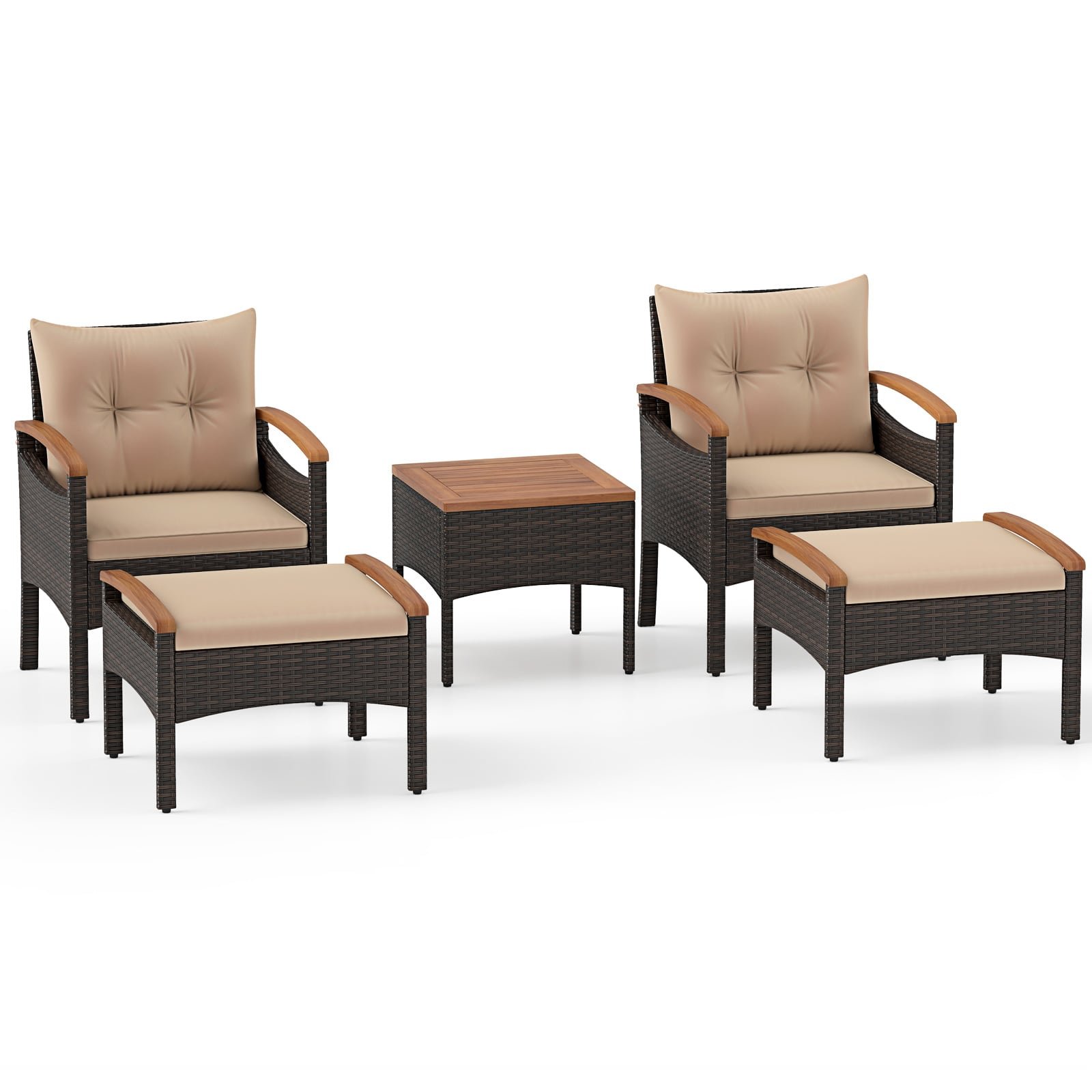 5 dalių lauko baldų komplektas su PE ratanu ir akacijos mediena (Smėlio spalvos)