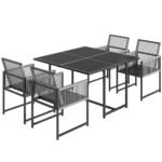 5 dalių lauko valgomojo komplektas su stikliniu stalu ir sulankstomomis virvinėmis pintomis kėdėmis