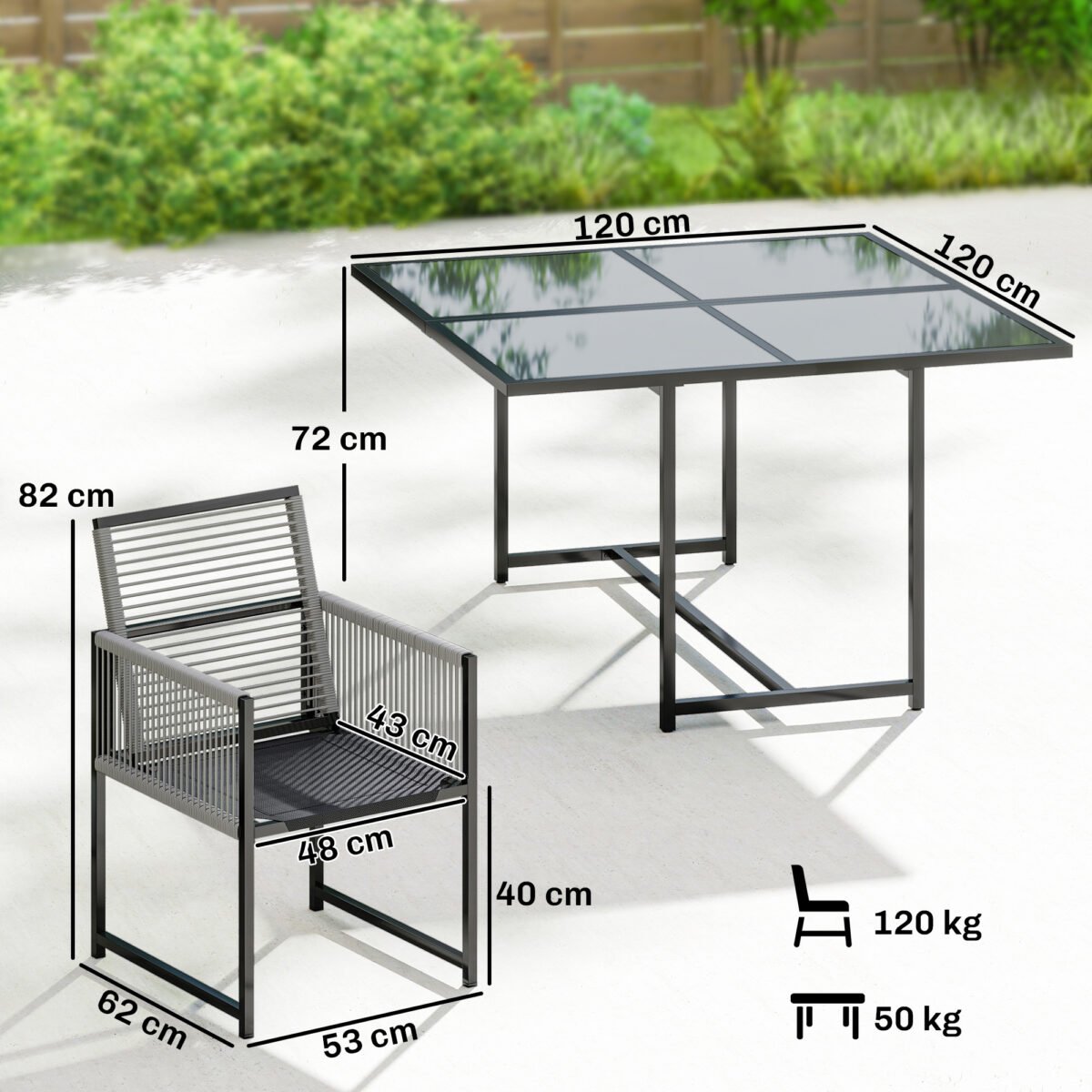 5 dalių lauko valgomojo komplektas su stikliniu stalu ir sulankstomomis virvinėmis pintomis kėdėmis – Paveikslėlis 3