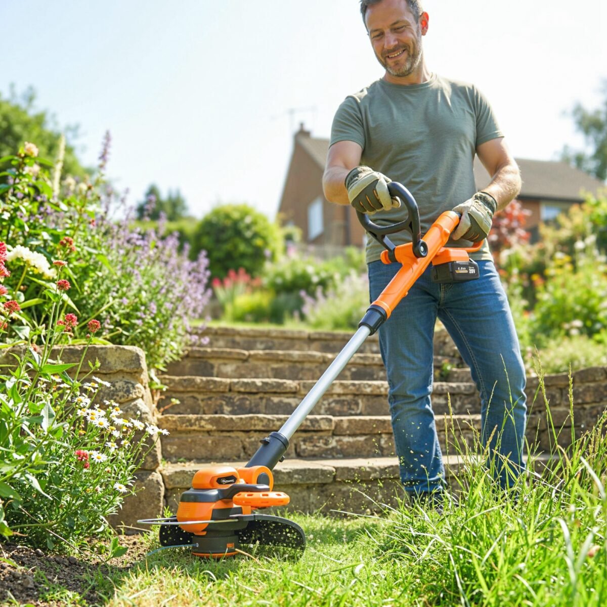 Akumuliatorinis žolės trimeris su dviem baterijomis ir reguliuojama teleskopine rankena – Paveikslėlis 2