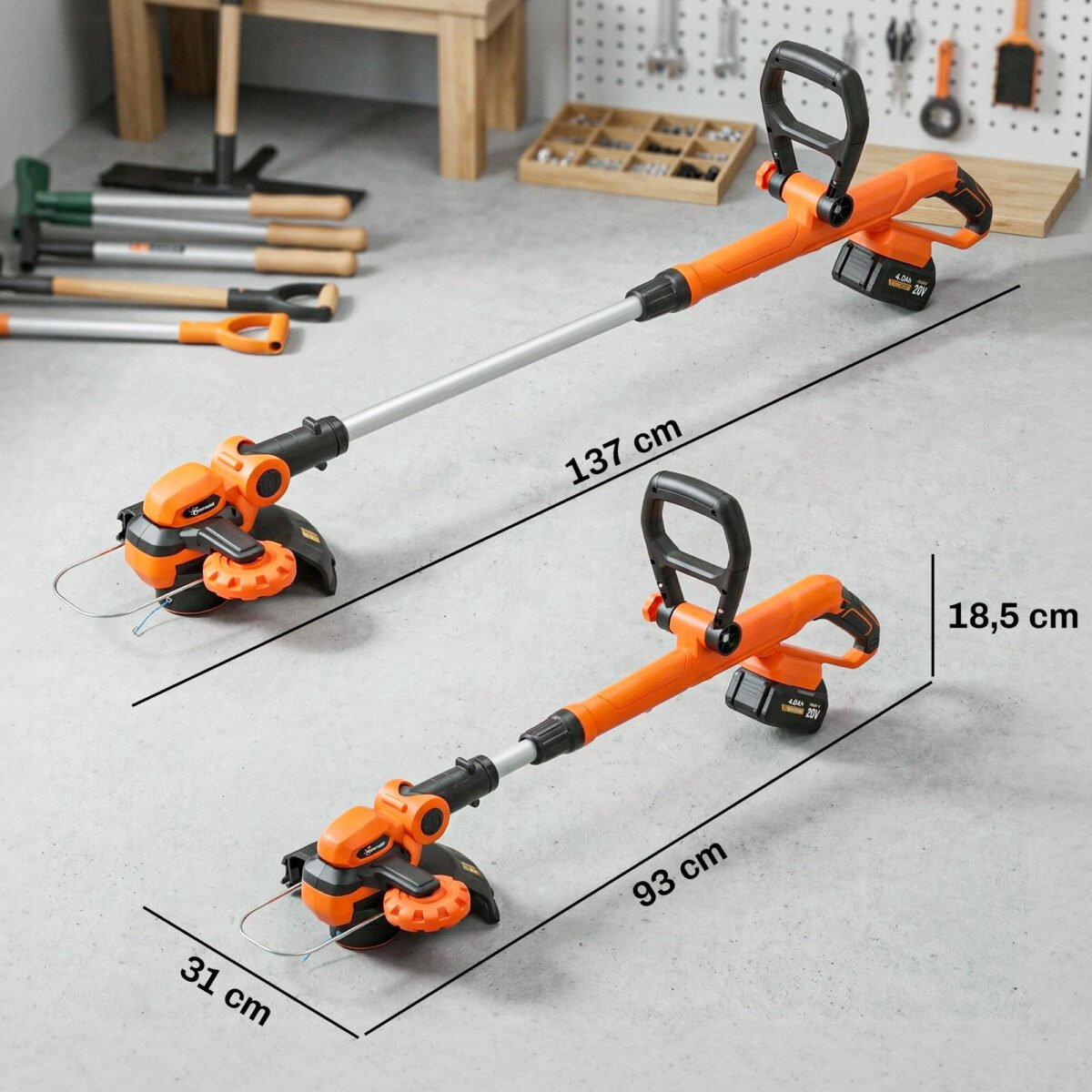 Akumuliatorinis žolės trimeris su dviem baterijomis ir reguliuojama teleskopine rankena – Paveikslėlis 3