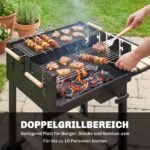 Anglinis grilius-vežimėlis su 4 reguliuojamo aukščio grotelėmis ir medinėmis lentynomis