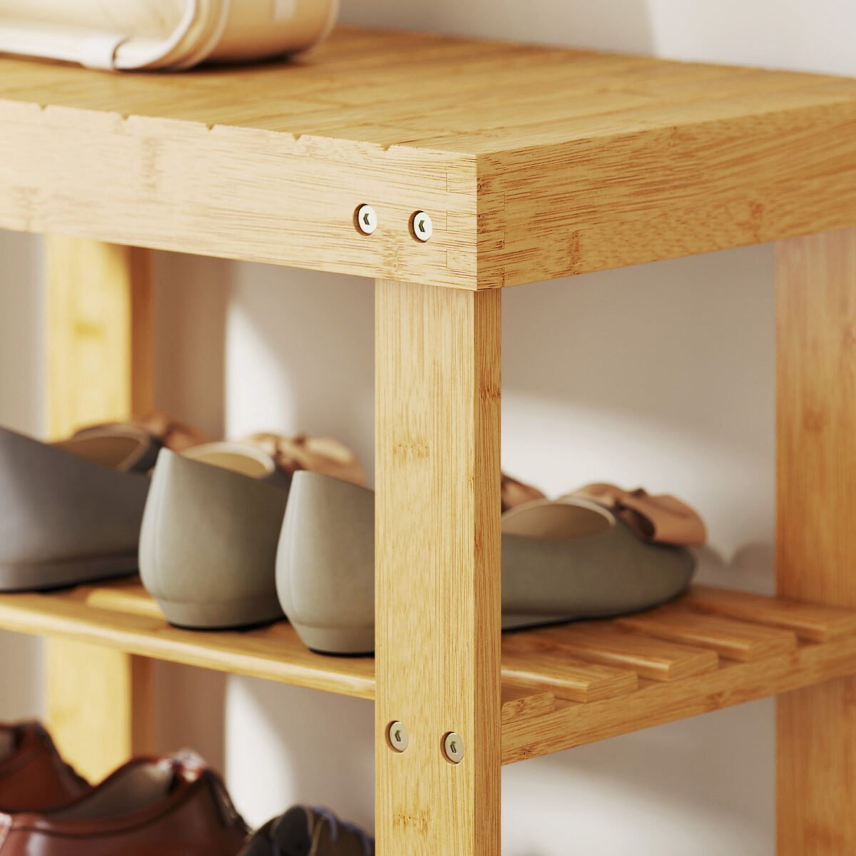 Bambukinis batų suoliukas su sėdyne ir 2 lentynomis – Paveikslėlis 9