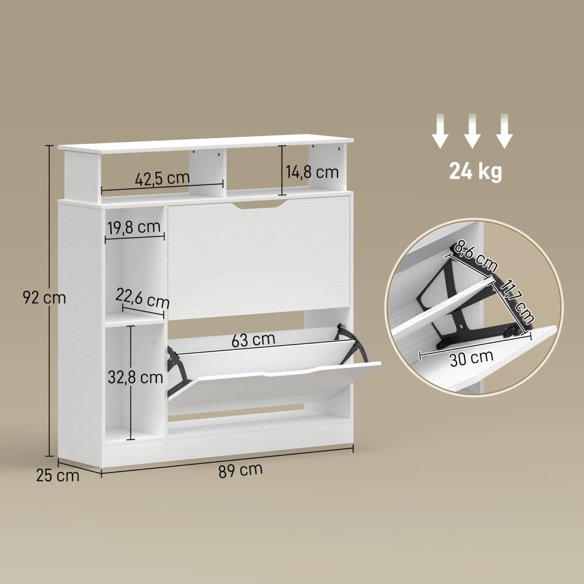 Batų spintelė su 2 atverčiamomis durelėmis, reguliuojamosiomis pertvaromis ir atviru skyriumi, skirta 12 porų batų – Paveikslėlis 3