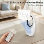 Bokštinis ventiliatorius be menčių su tyliu 36 dB veikimu ir LED apšvietimu