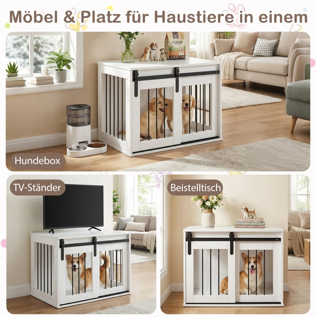 Daugiafunkcinė šunų dėžė su stumdomomis durimis ir šoniniu staliuku (Balta) – Paveikslėlis 3