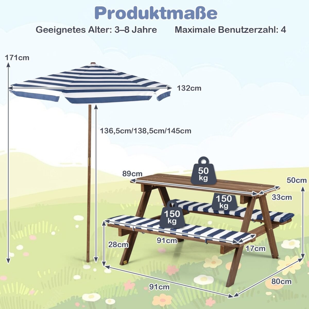 Daugiafunkcinis vaikiškas pikniko stalas su reguliuojamu ir nuimamu skėčiu nuo saulės (Mėlyna) – Paveikslėlis 2
