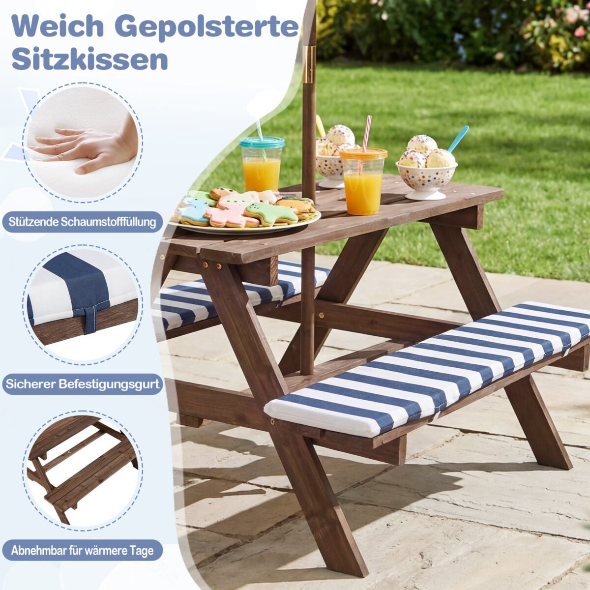 Daugiafunkcinis vaikiškas pikniko stalas su reguliuojamu ir nuimamu skėčiu nuo saulės (Mėlyna) – Paveikslėlis 4