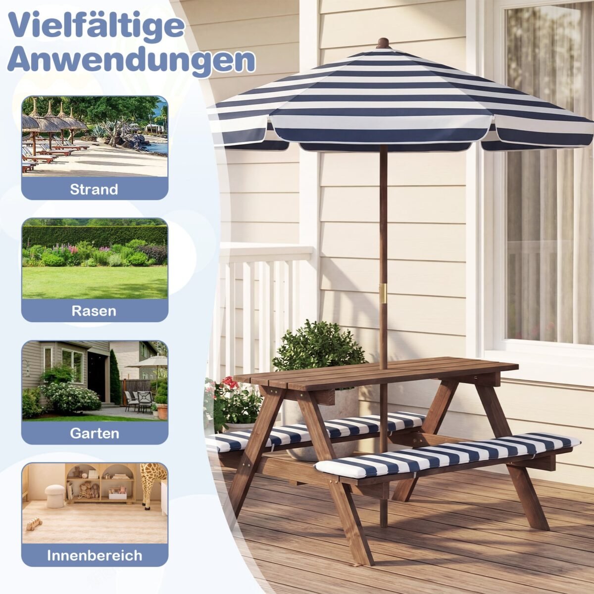 Daugiafunkcinis vaikiškas pikniko stalas su reguliuojamu ir nuimamu skėčiu nuo saulės (Mėlyna) – Paveikslėlis 5