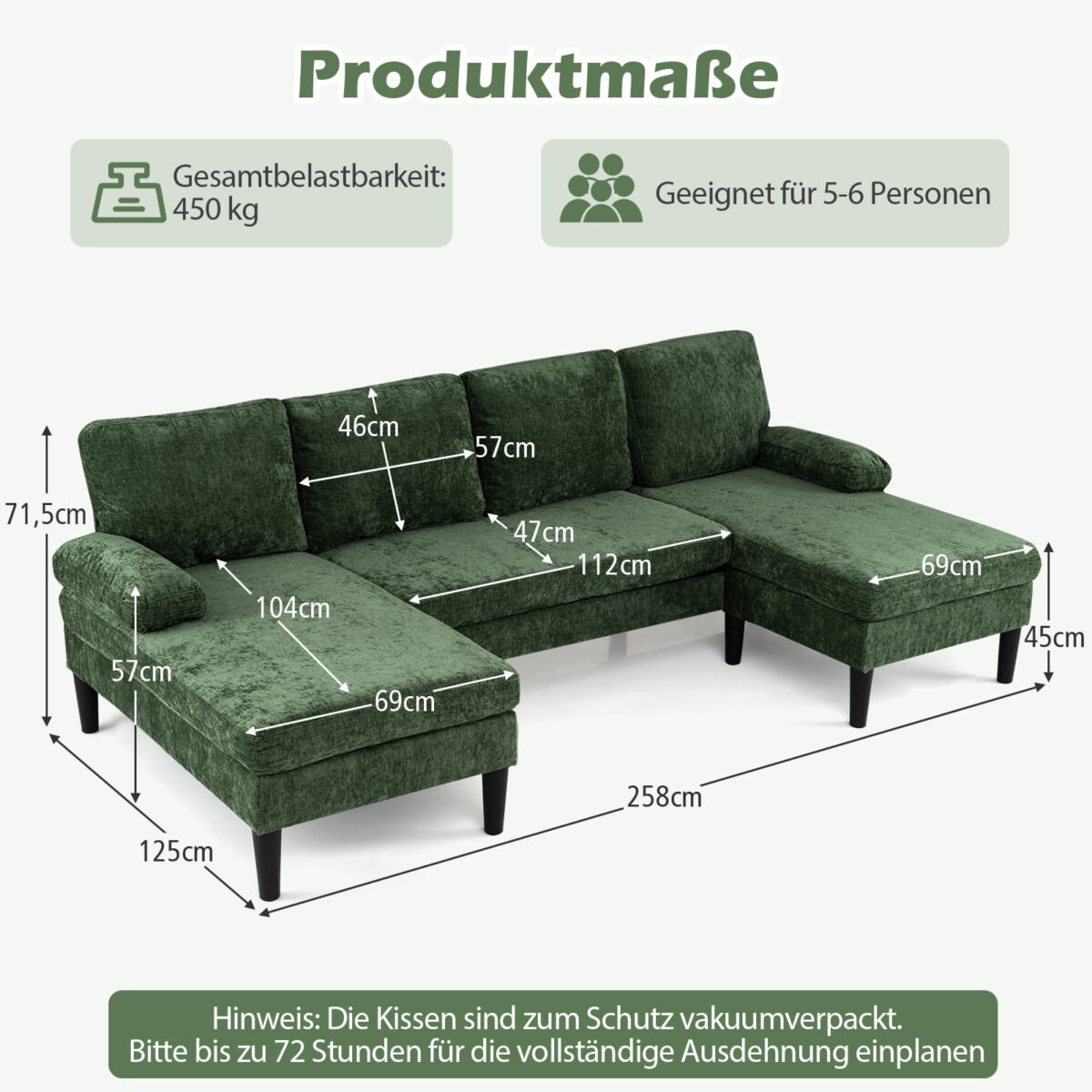 Didelė U formos kampinė sofa 5-6 asmenims (Žalia) – Paveikslėlis 2