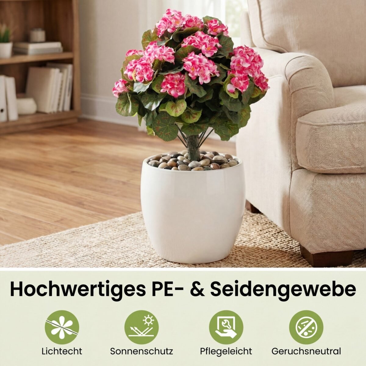 Dirbtinės Pelargonijos su tikroviškais žiedais ir lapais 2 vnt. (Rožinė) – Paveikslėlis 4