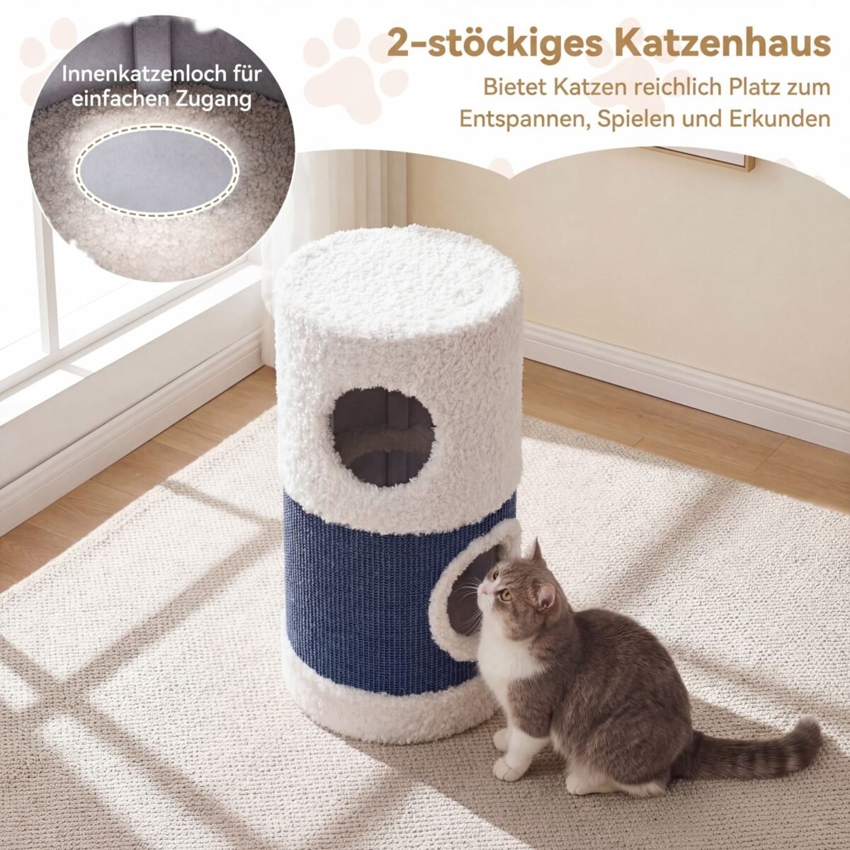 Dviejų aukštų kačių namelis su sizaline draskykle (Mėlyna ir balta) – Paveikslėlis 3