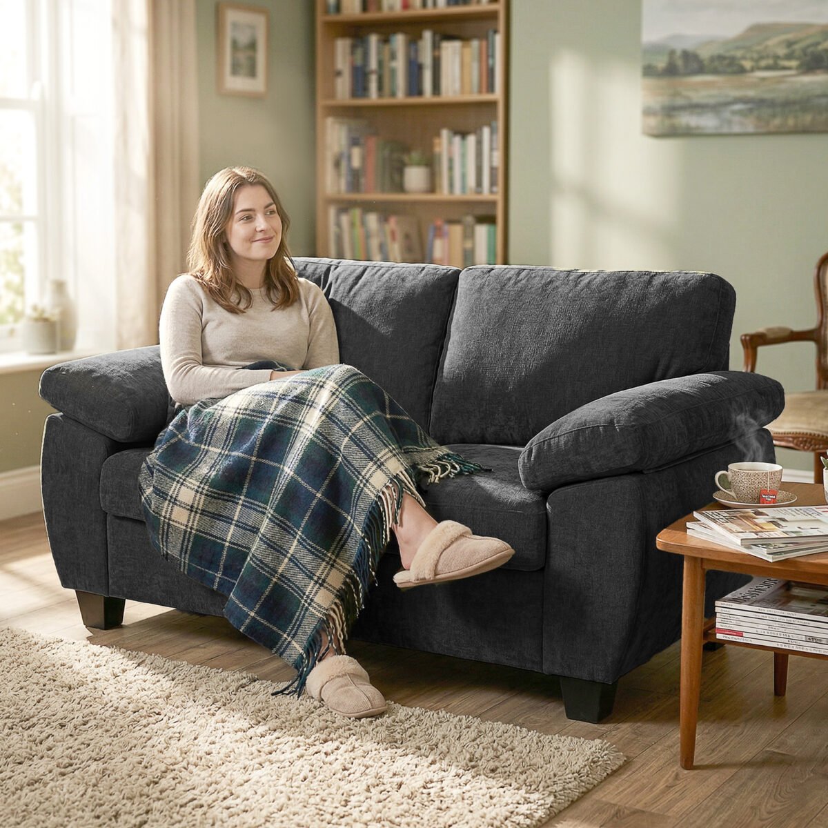 Dviejų vietų šenilinė sofa su storu spyruokliniu paminkštinimu – Paveikslėlis 2