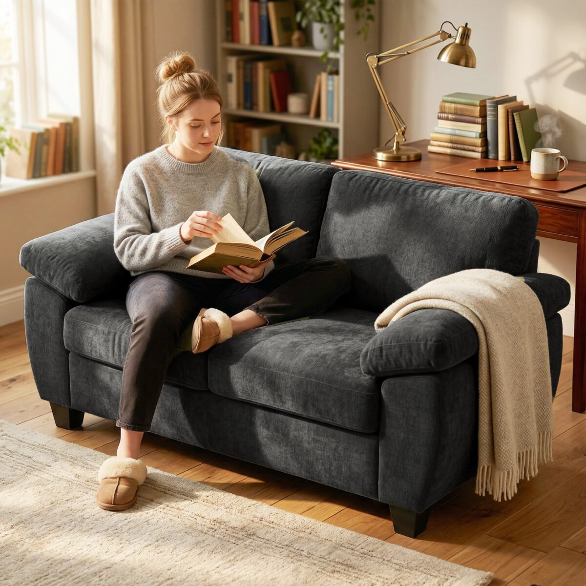 Dviejų vietų šenilinė sofa su storu spyruokliniu paminkštinimu – Paveikslėlis 7