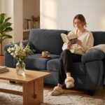 Dviejų vietų šenilinė sofa su storu spyruokliniu paminkštinimu – Paveikslėlis 9