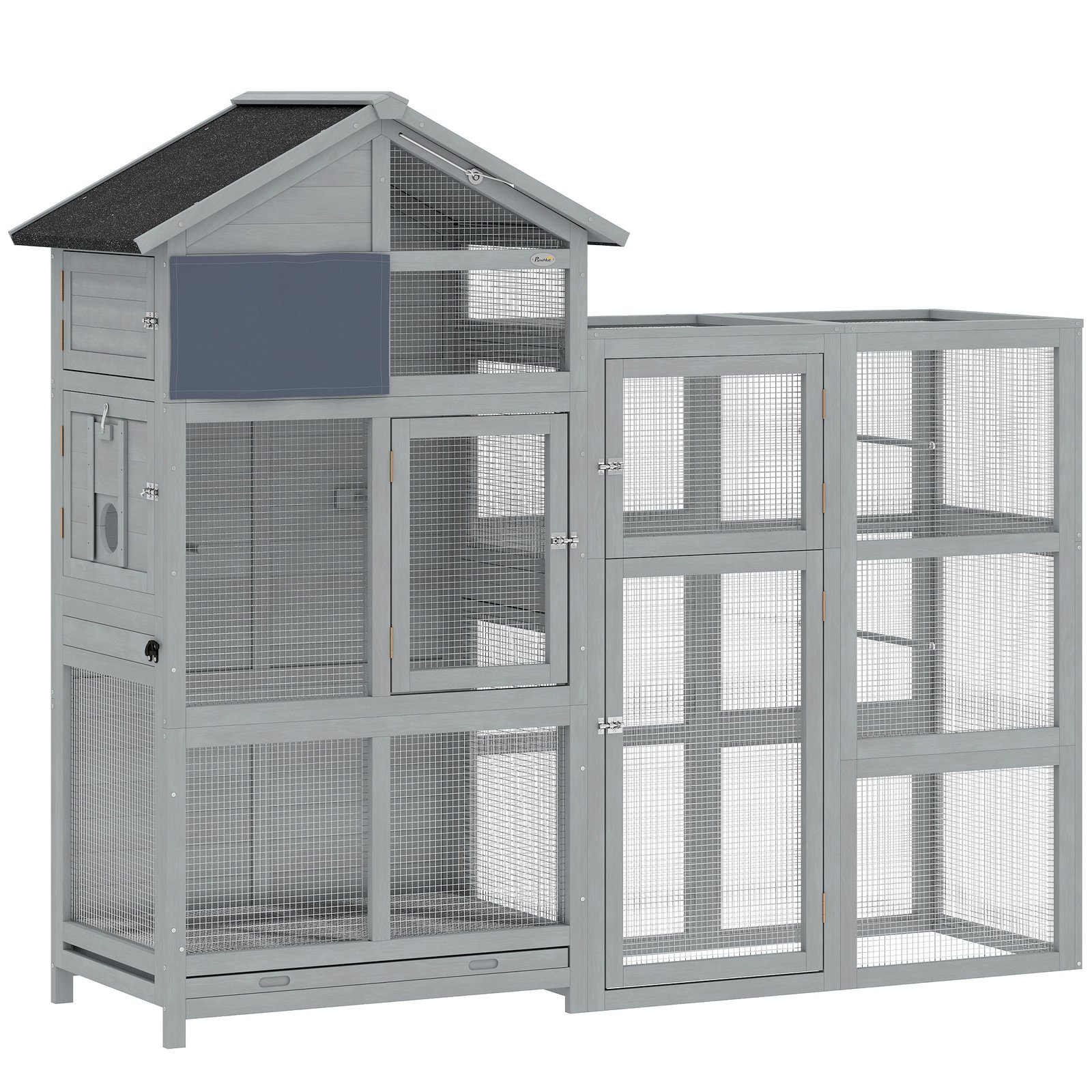 Erdvus medinis paukščių voljeras su ištraukiamu stalčiumi