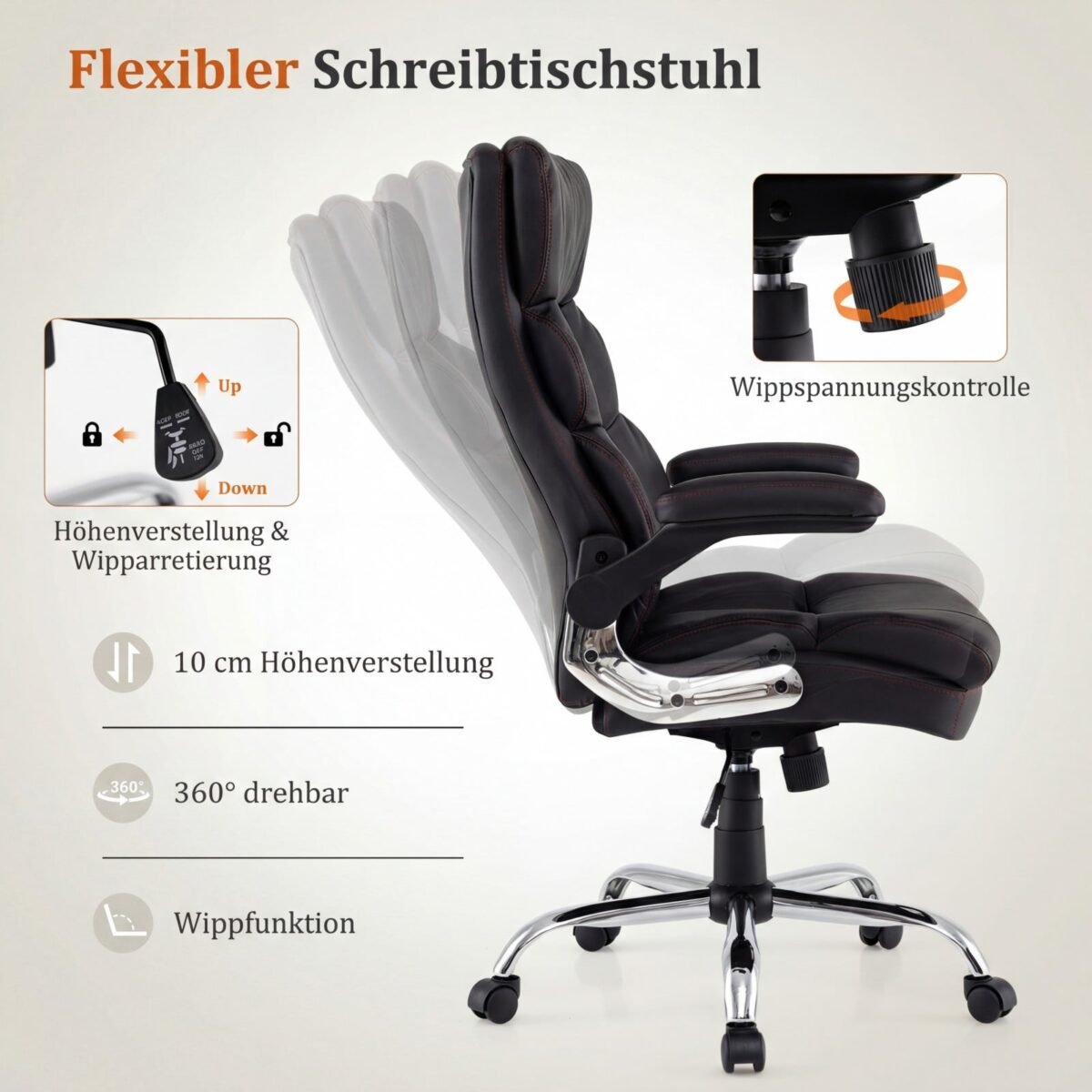 Ergonominė biuro kėdė su atlenkiamais porankiais ir supimo funkcija (Juoda) – Paveikslėlis 4