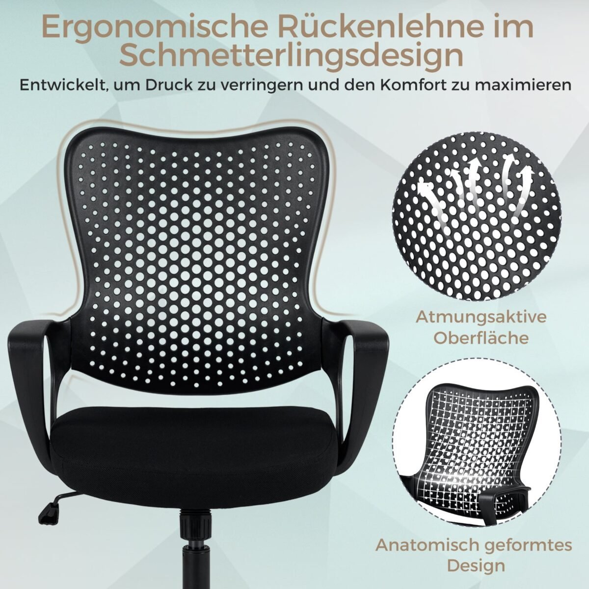 Ergonominė biuro kėdė su orui pralaidžiu tinkliniu atlošu ir reguliuojamu aukščiu (Juoda) – Paveikslėlis 3