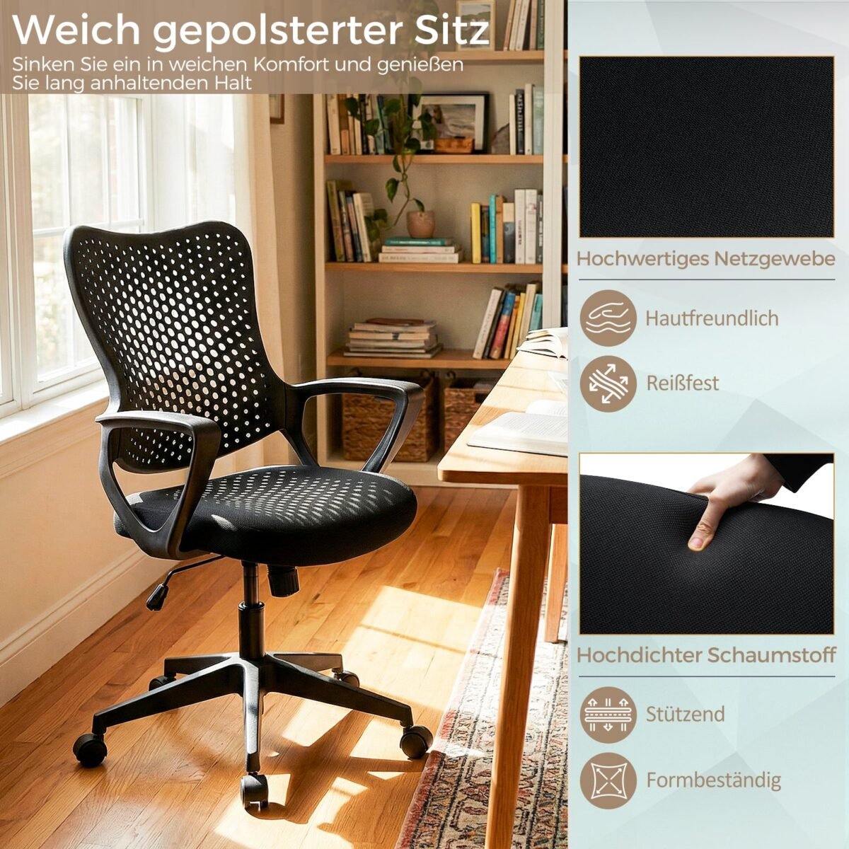 Ergonominė biuro kėdė su orui pralaidžiu tinkliniu atlošu ir reguliuojamu aukščiu (Juoda) – Paveikslėlis 4