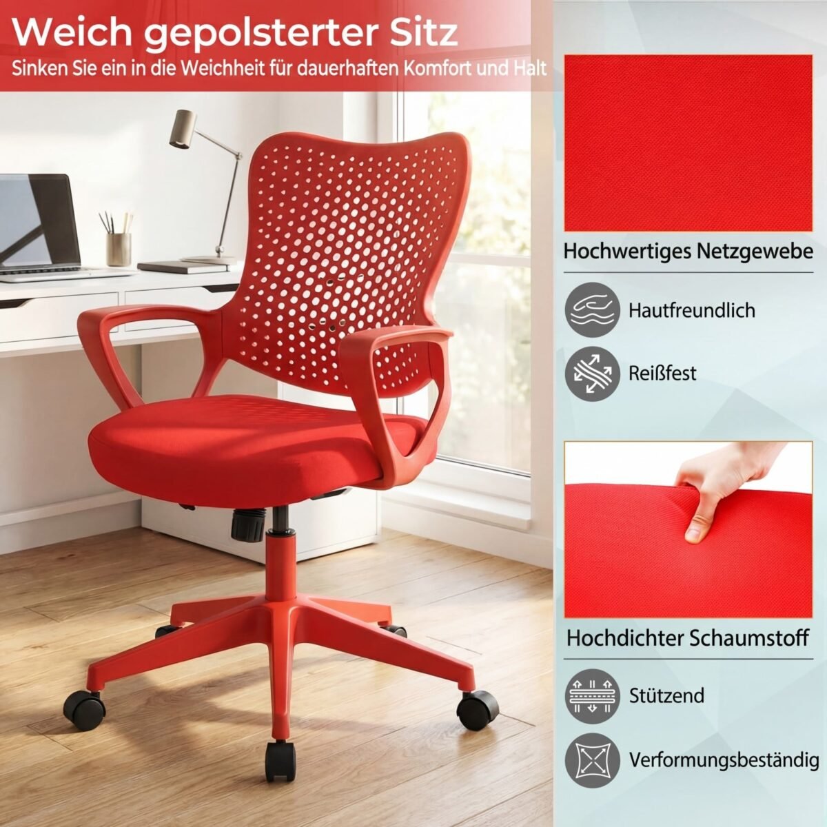 Ergonominė biuro kėdė su tinkliniu atlošu ir reguliuojamu aukščiu (Raudona) – Paveikslėlis 4