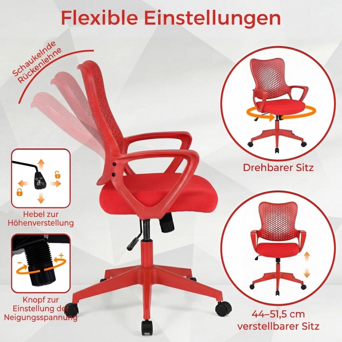 Ergonominė biuro kėdė su tinkliniu atlošu ir reguliuojamu aukščiu (Raudona) – Paveikslėlis 5