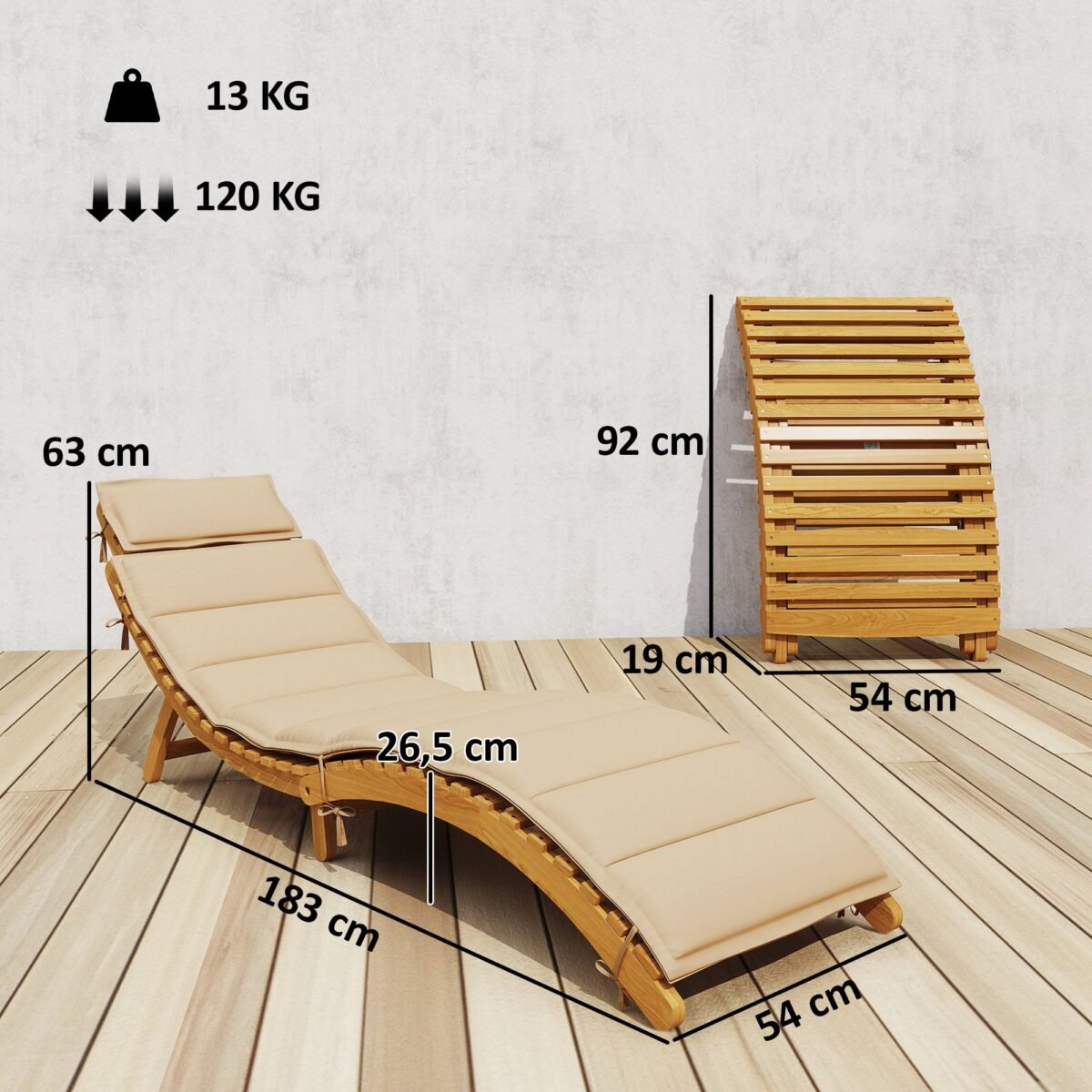 Ergonomiškas sulankstomas sodo gultas iš akacijos medienos su paminkštinimu ir galvos atrama – Paveikslėlis 3