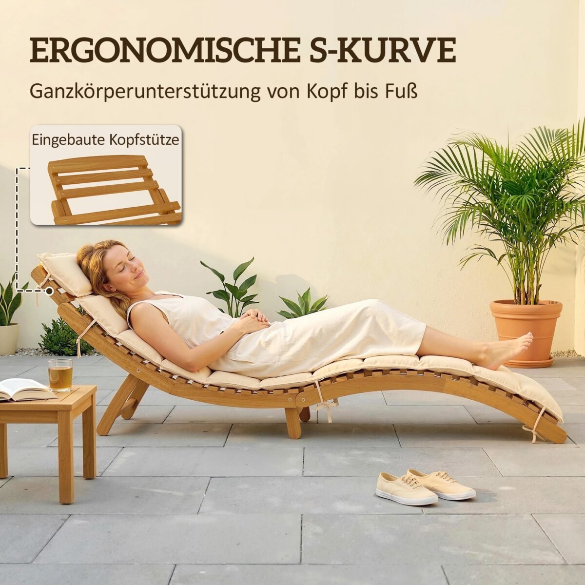 Ergonomiškas sulankstomas sodo gultas iš akacijos medienos su paminkštinimu ir galvos atrama – Paveikslėlis 5