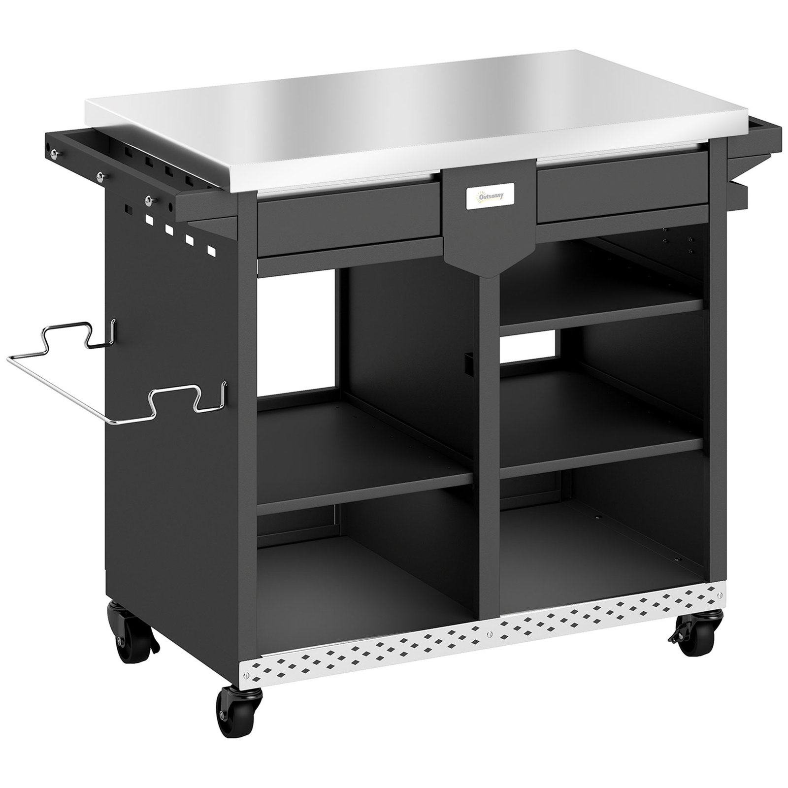 Grilio vežimėlis su nerūdijančiojo plieno paviršiumi ir reguliuojamomis lentynomis