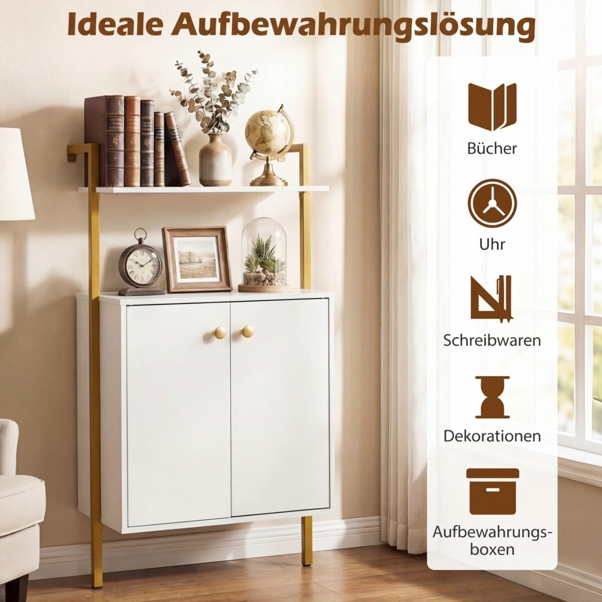 Industrinio stiliaus 4 pakopų sieninė lentyna su spintelėmis (Balta) – Paveikslėlis 3