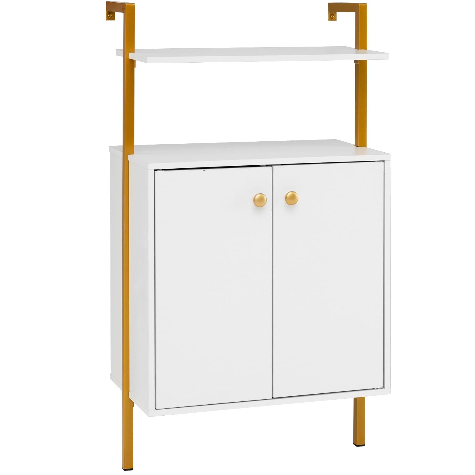 Industrinio stiliaus 4 pakopų sieninė lentyna su spintelėmis (Balta)