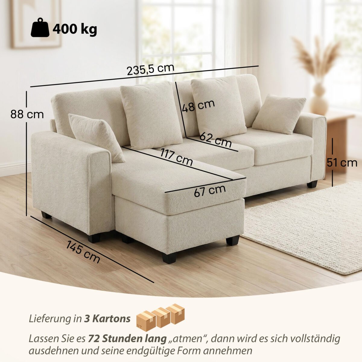 Kampinė sofa su keičiamo kampo šezlongu ir aksomine apdaila – Paveikslėlis 3