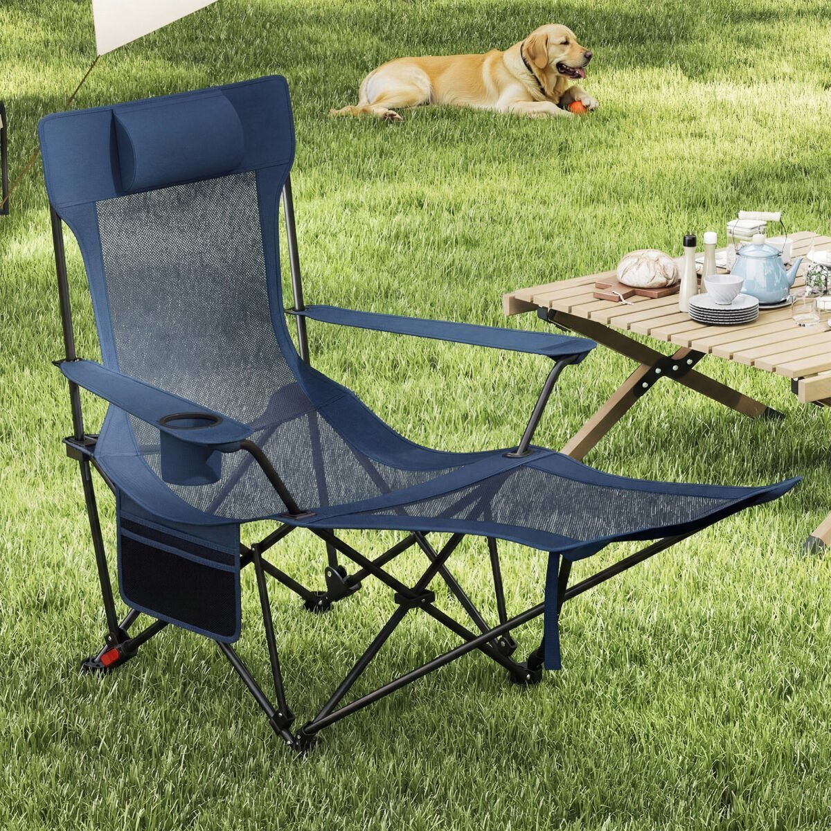Kempingo kėdė su reguliuojamu atlošu ir nuimama kojų atrama (Tamsiai mėlyna) – Paveikslėlis 2