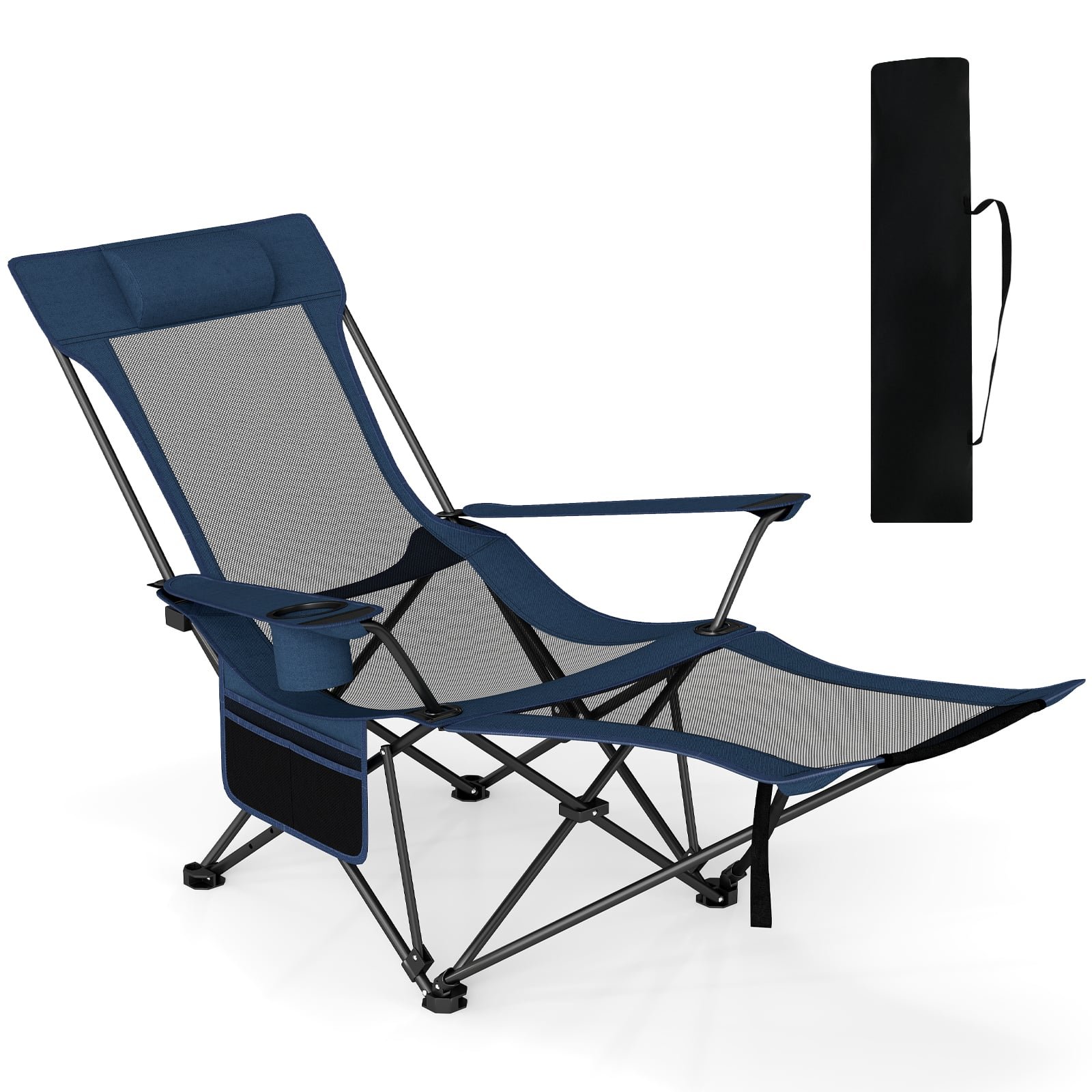 Kempingo kėdė su reguliuojamu atlošu ir nuimama kojų atrama (Tamsiai mėlyna)
