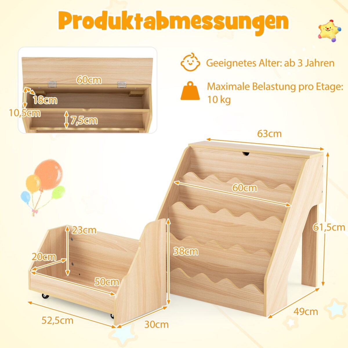 Keturių pakopų vaikiška knygų lentyna su atverčiamu skyriumi ir ištraukiamu stalčiumi (Natūrali) – Paveikslėlis 2