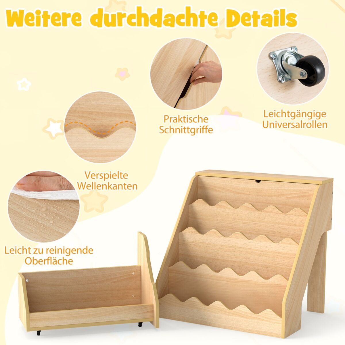 Keturių pakopų vaikiška knygų lentyna su atverčiamu skyriumi ir ištraukiamu stalčiumi (Natūrali) – Paveikslėlis 3