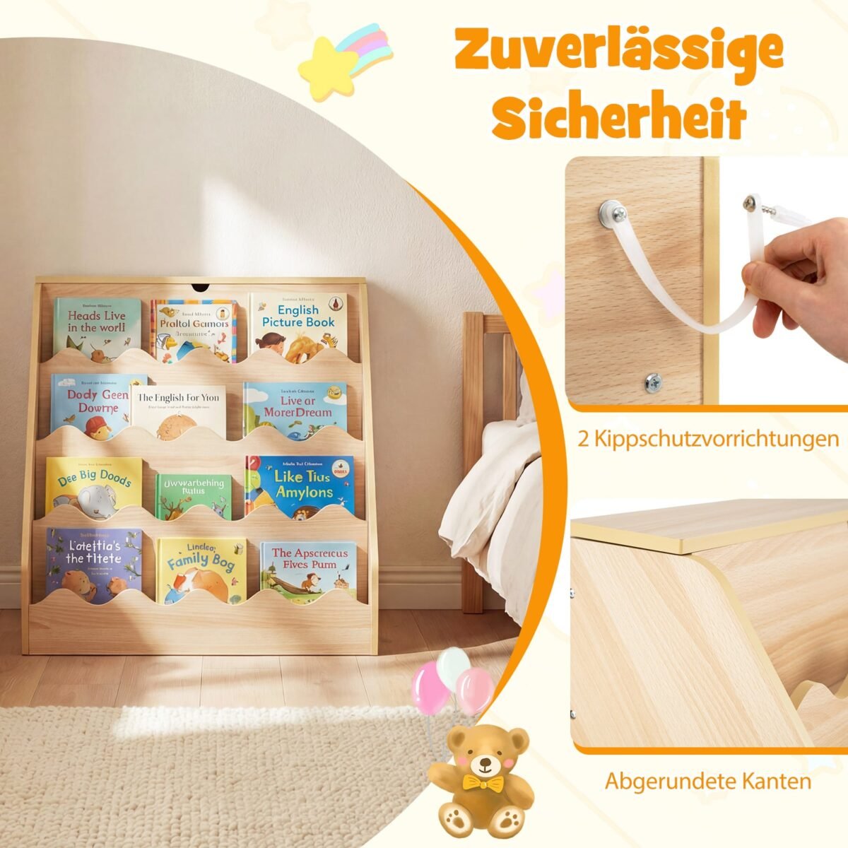 Keturių pakopų vaikiška knygų lentyna su atverčiamu skyriumi ir ištraukiamu stalčiumi (Natūrali) – Paveikslėlis 5